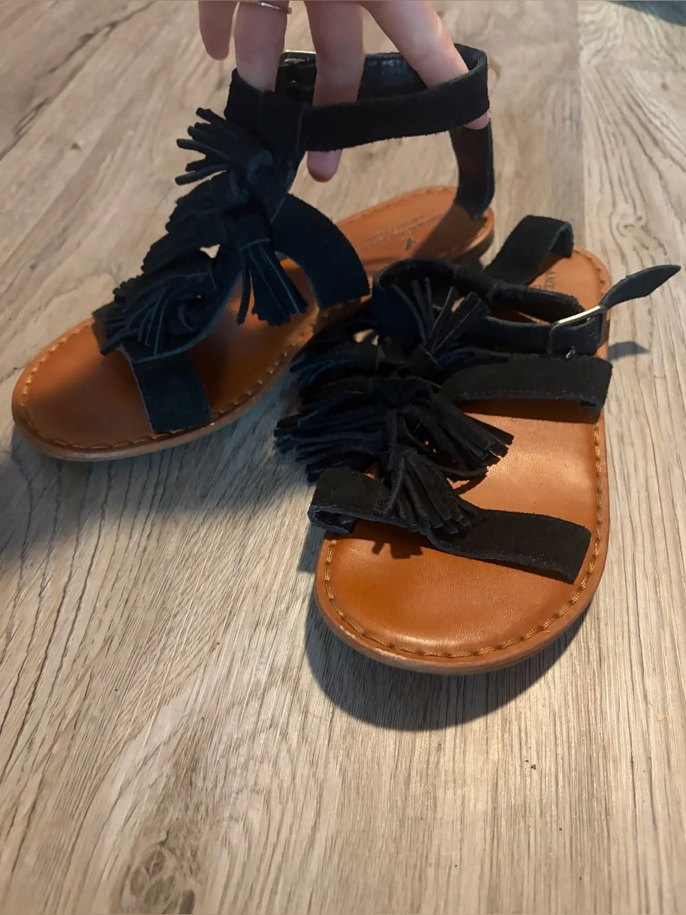 American Eagle Outfitters Black Suede Fringe Sandals